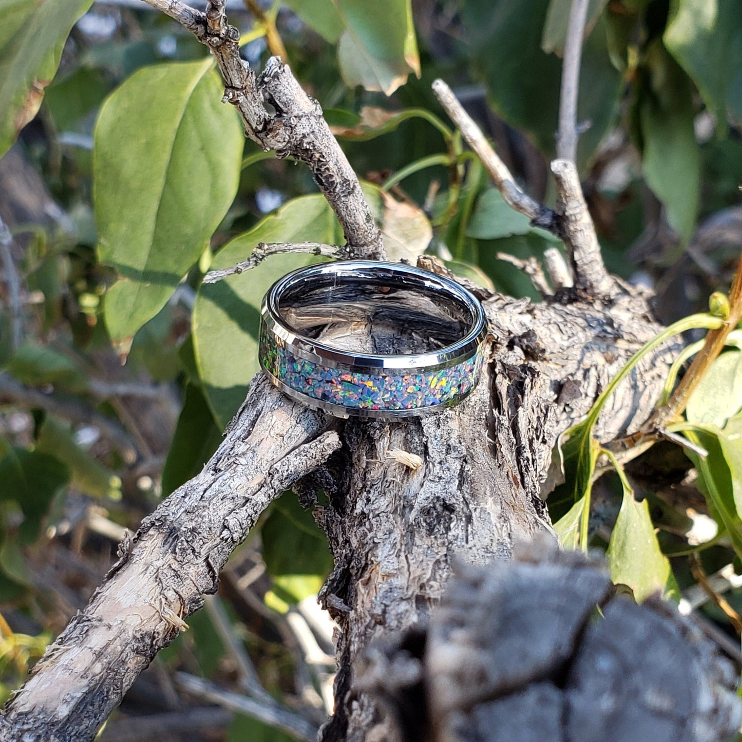 Prism Ring - Gray Opal Crystal Inlay, Tungsten Titanium Ceramic, Men Women, Wedding Ring, His Hers Promise, Engagement Ring 8mm 6mm