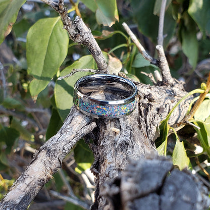 Prism Ring - Gray Opal Crystal Inlay, Tungsten Titanium Ceramic, Men Women, Wedding Ring, His Hers Promise, Engagement Ring 8mm 6mm