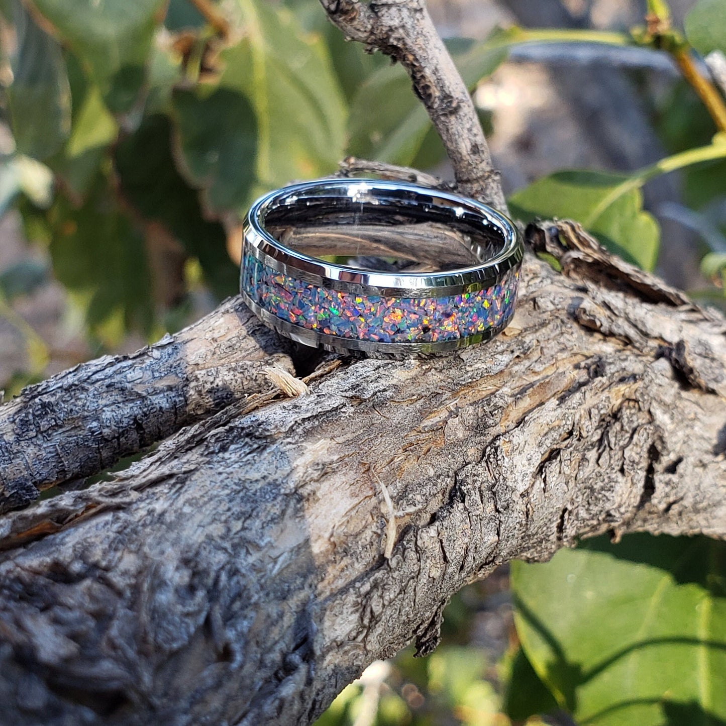 Prism Ring - Gray Opal Crystal Inlay, Tungsten Titanium Ceramic, Men Women, Wedding Ring, His Hers Promise, Engagement Ring 8mm 6mm