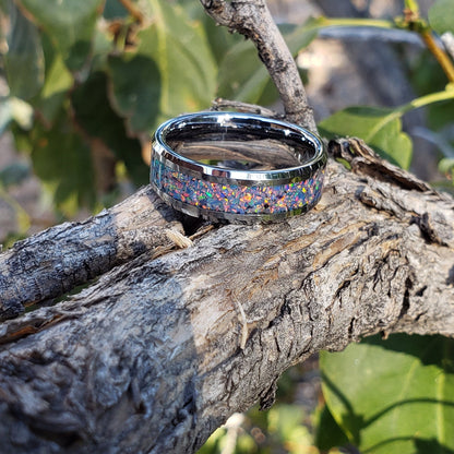 Prism Ring - Gray Opal Crystal Inlay, Tungsten Titanium Ceramic, Men Women, Wedding Ring, His Hers Promise, Engagement Ring 8mm 6mm