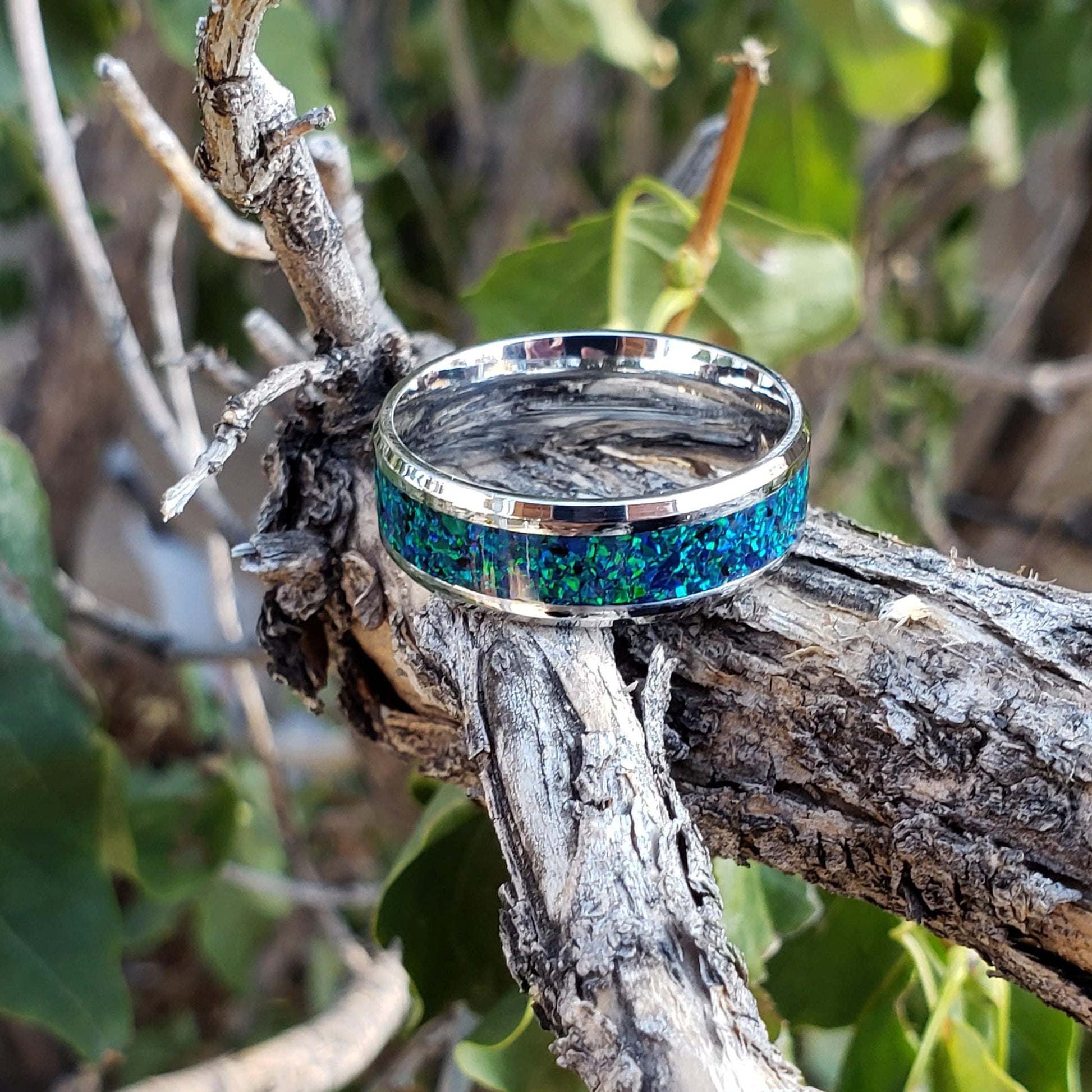 Magic Forest Ring - Green Opal Crystal Inlay, Tungsten Titanium Ceramic, Men Women, Wedding Ring, His Hers Promise, Engagement Ring 8mm 6mm