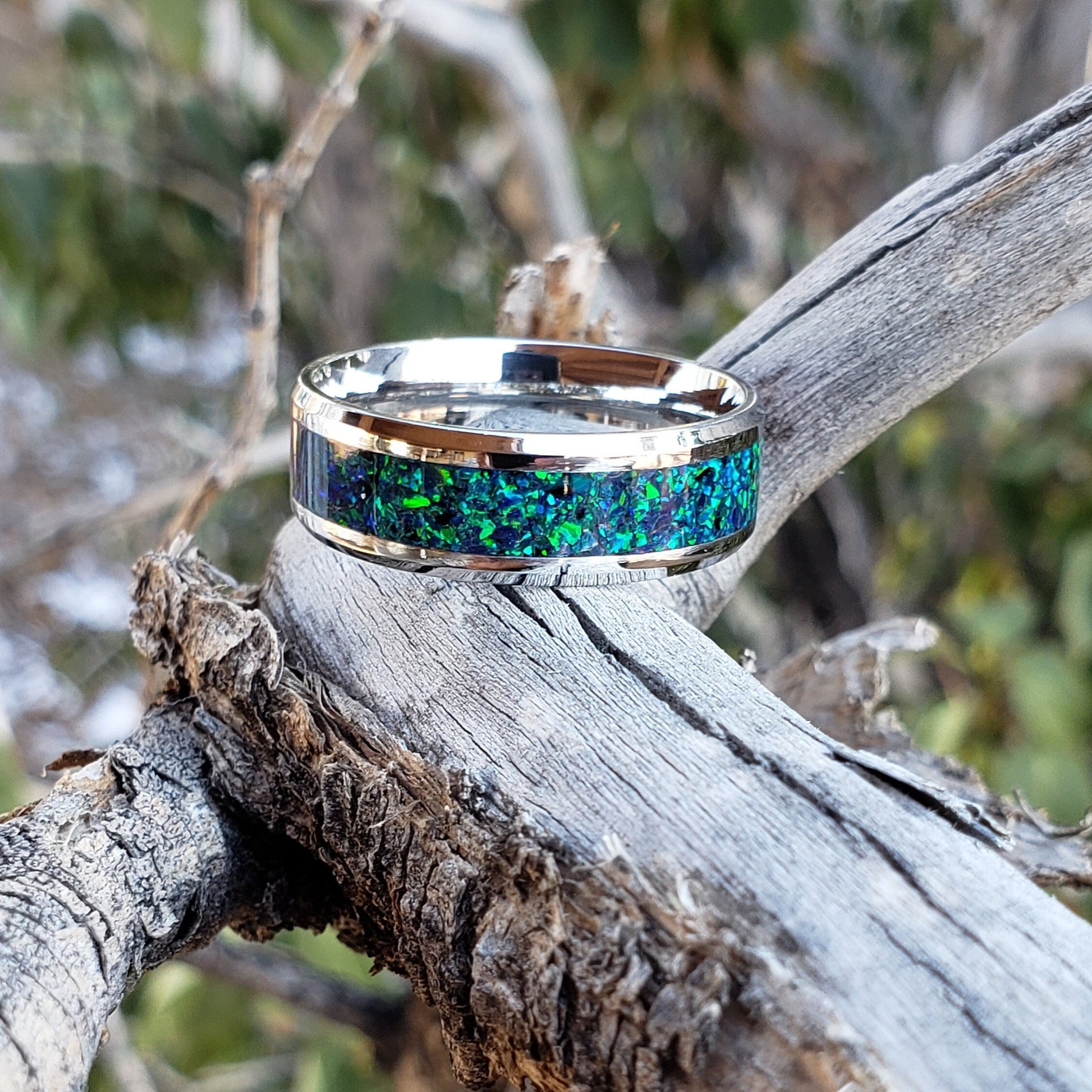 Magic Forest Ring - Green Opal Crystal Inlay, Tungsten Titanium Ceramic, Men Women, Wedding Ring, His Hers Promise, Engagement Ring 8mm 6mm