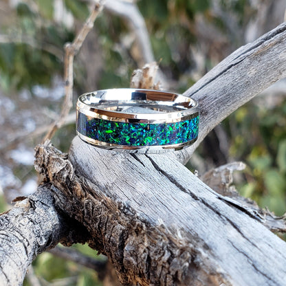 Magic Forest Ring - Green Opal Crystal Inlay, Tungsten Titanium Ceramic, Men Women, Wedding Ring, His Hers Promise, Engagement Ring 8mm 6mm
