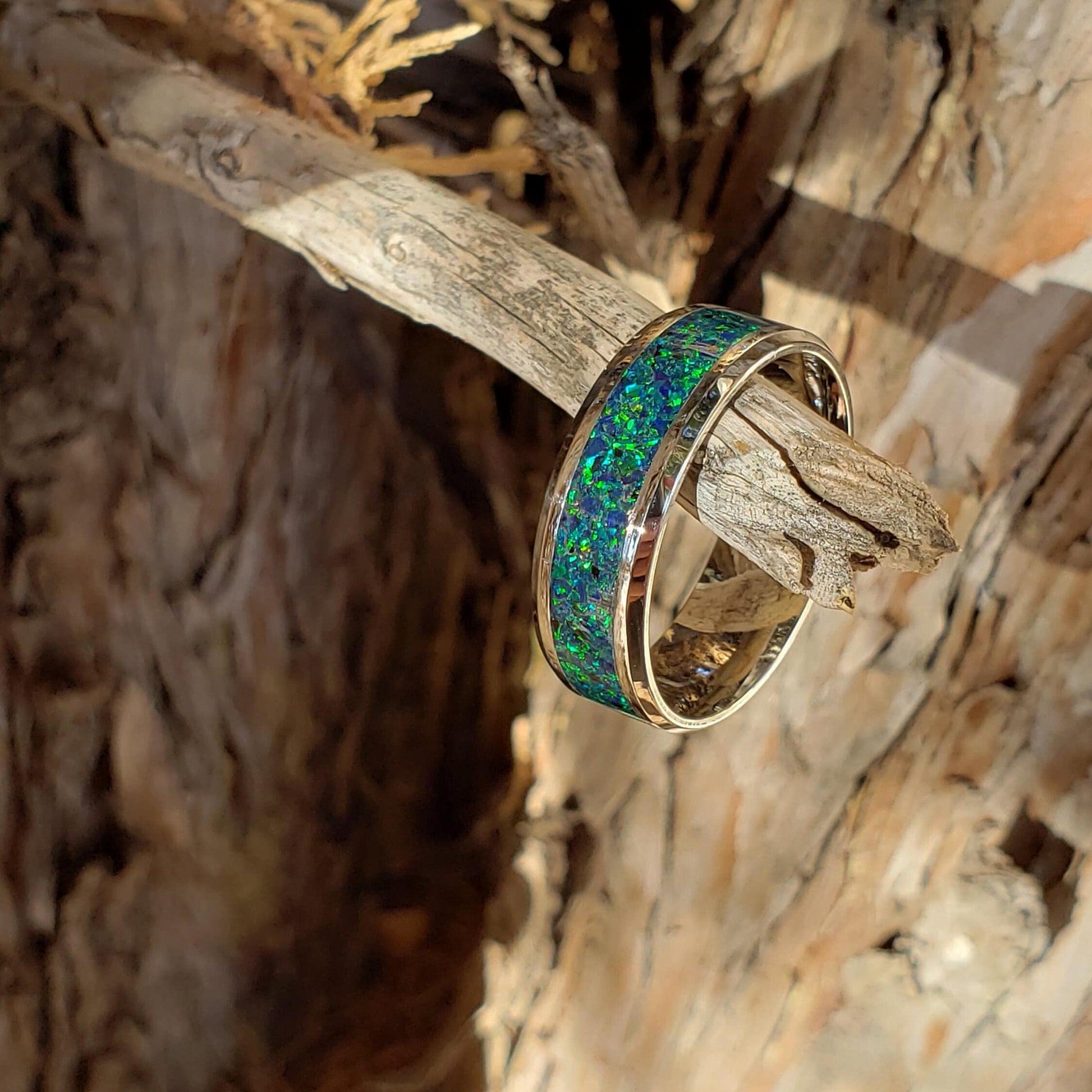 Magic Forest Ring - Green Opal Crystal Inlay, Tungsten Titanium Ceramic, Men Women, Wedding Ring, His Hers Promise, Engagement Ring 8mm 6mm