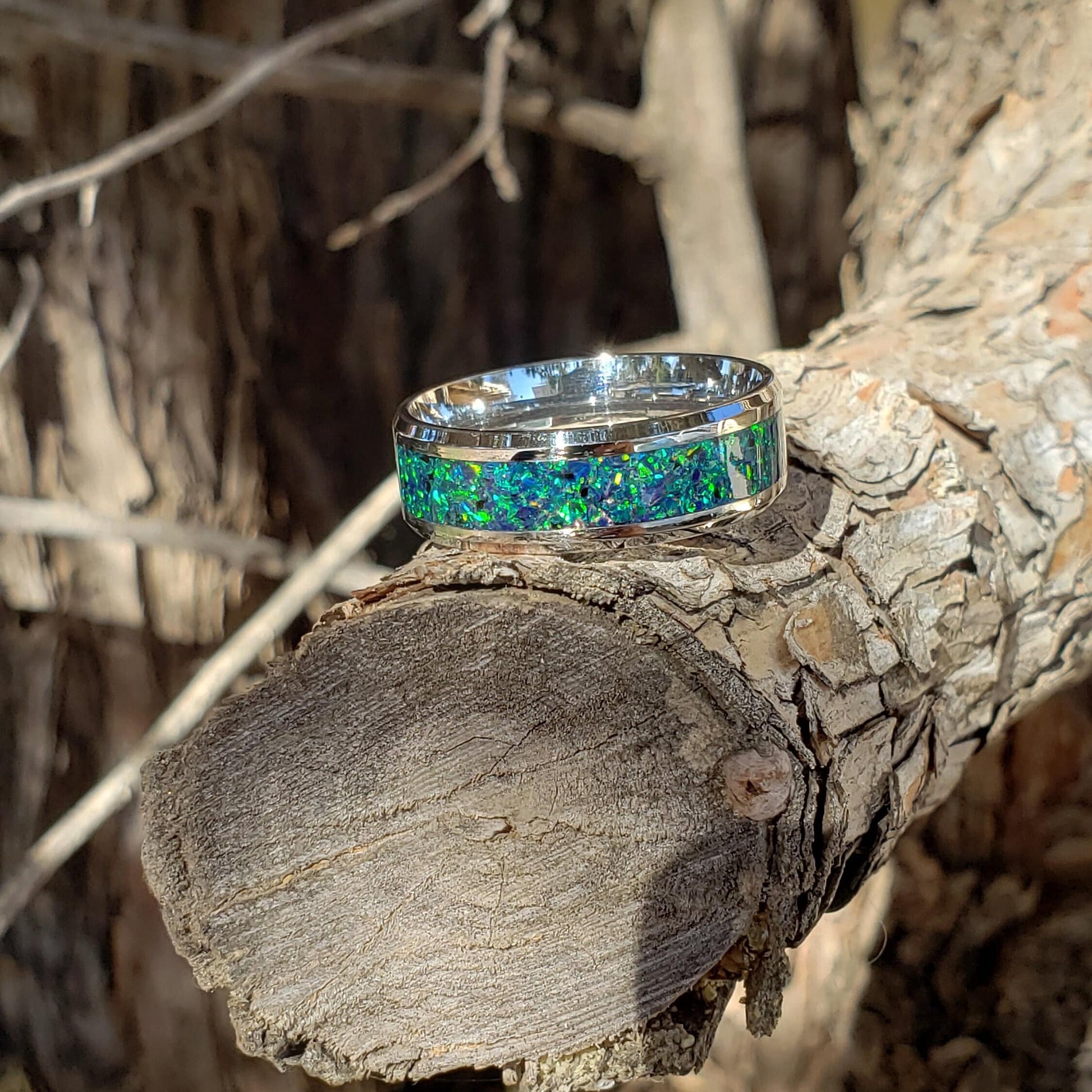 Magic Forest Ring - Green Opal Crystal Inlay, Tungsten Titanium Ceramic, Men Women, Wedding Ring, His Hers Promise, Engagement Ring 8mm 6mm