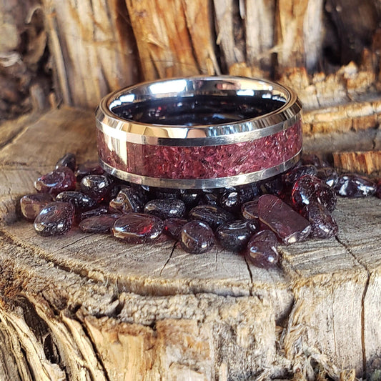 Red Star - Garnet Crystal Inlay Ring, Tungsten Titanium Ceramic Band, Men & Women, Wedding Ring, His Hers Promise Ring, Engagement Ring