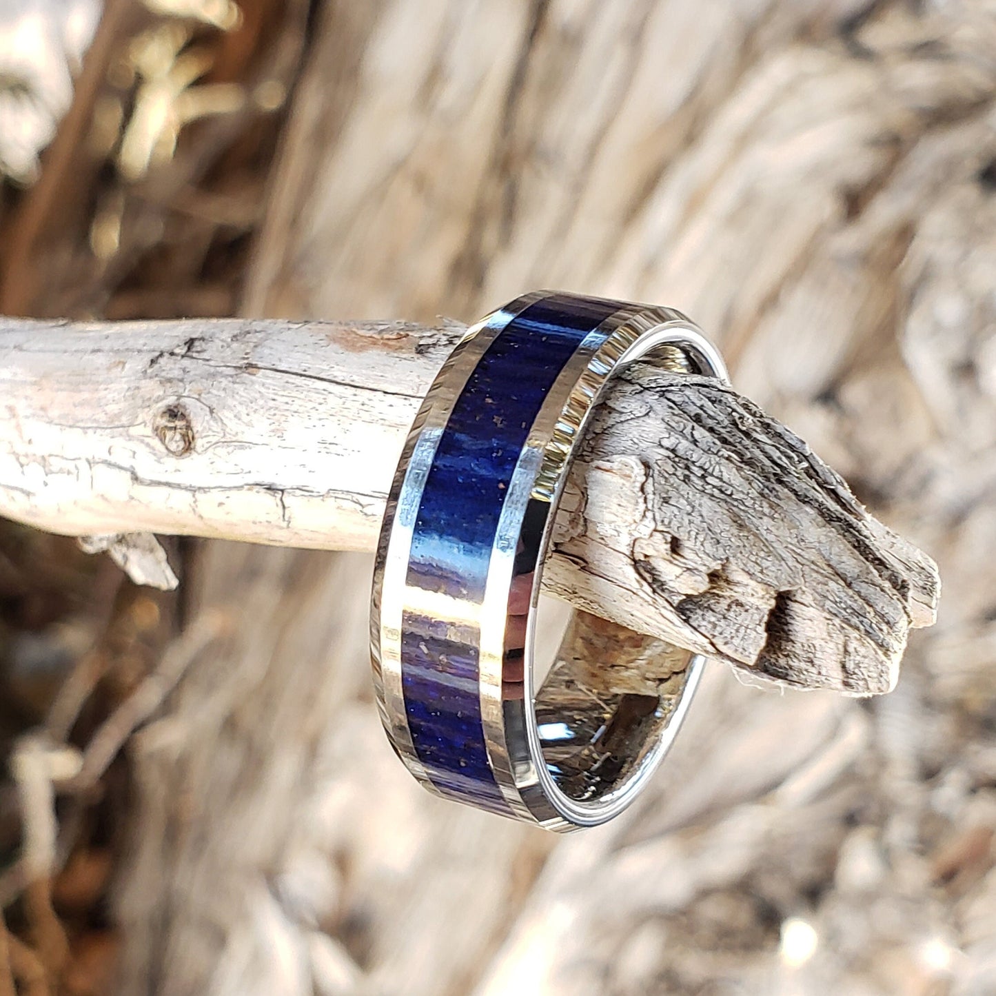 Azure Ring - Azurite Crystal Inlay, Tungsten Titanium Ceramic, Men Women, Wedding Ring, His Hers Promise, Engagement Ring 8mm 6mm