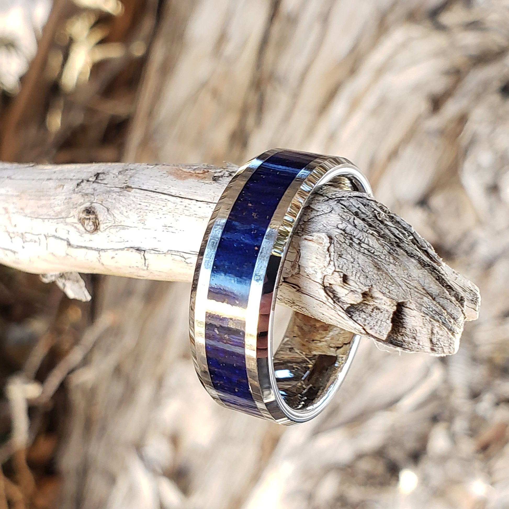 Azure Ring - Azurite Crystal Inlay, Tungsten Titanium Ceramic, Men Women, Wedding Ring, His Hers Promise, Engagement Ring 8mm 6mm
