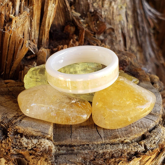 Snow Aura Ring - Citrine Crystal Inlay, Tungsten Titanium Ceramic, Men Women, Wedding Ring, His Hers Promise, Engagement Ring 8mm 6mm