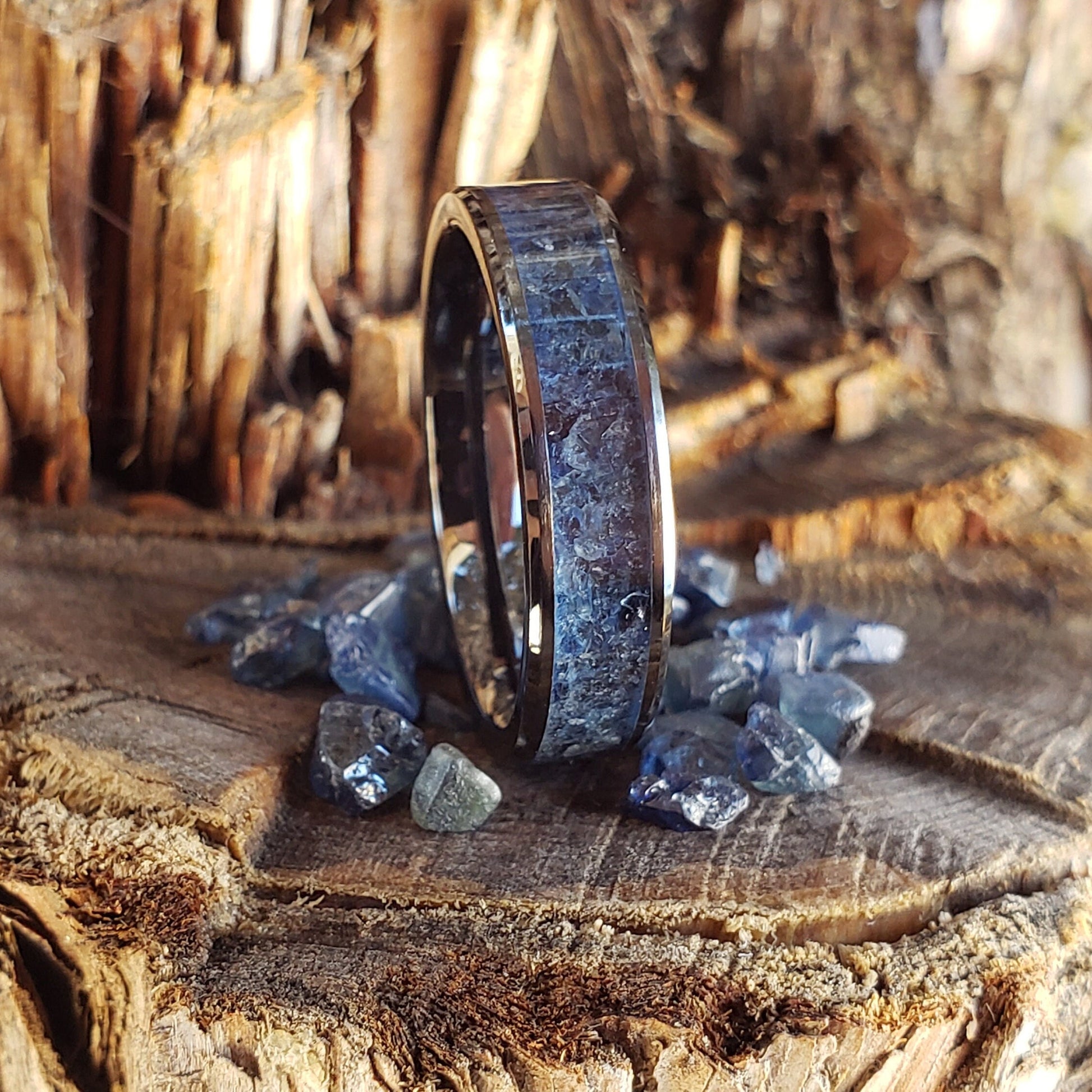Dark Wisdom Ring - Blue Sapphire Crystal Inlay, Tungsten Ceramic, Men Women, Wedding Ring, His Hers Promise Ring, Engagement Ring 8mm 6mm
