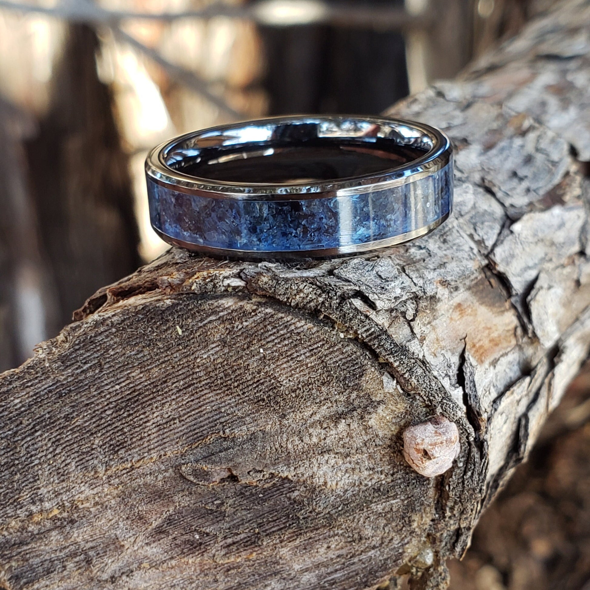 Dark Wisdom Ring - Blue Sapphire Crystal Inlay, Tungsten Ceramic, Men Women, Wedding Ring, His Hers Promise Ring, Engagement Ring 8mm 6mm