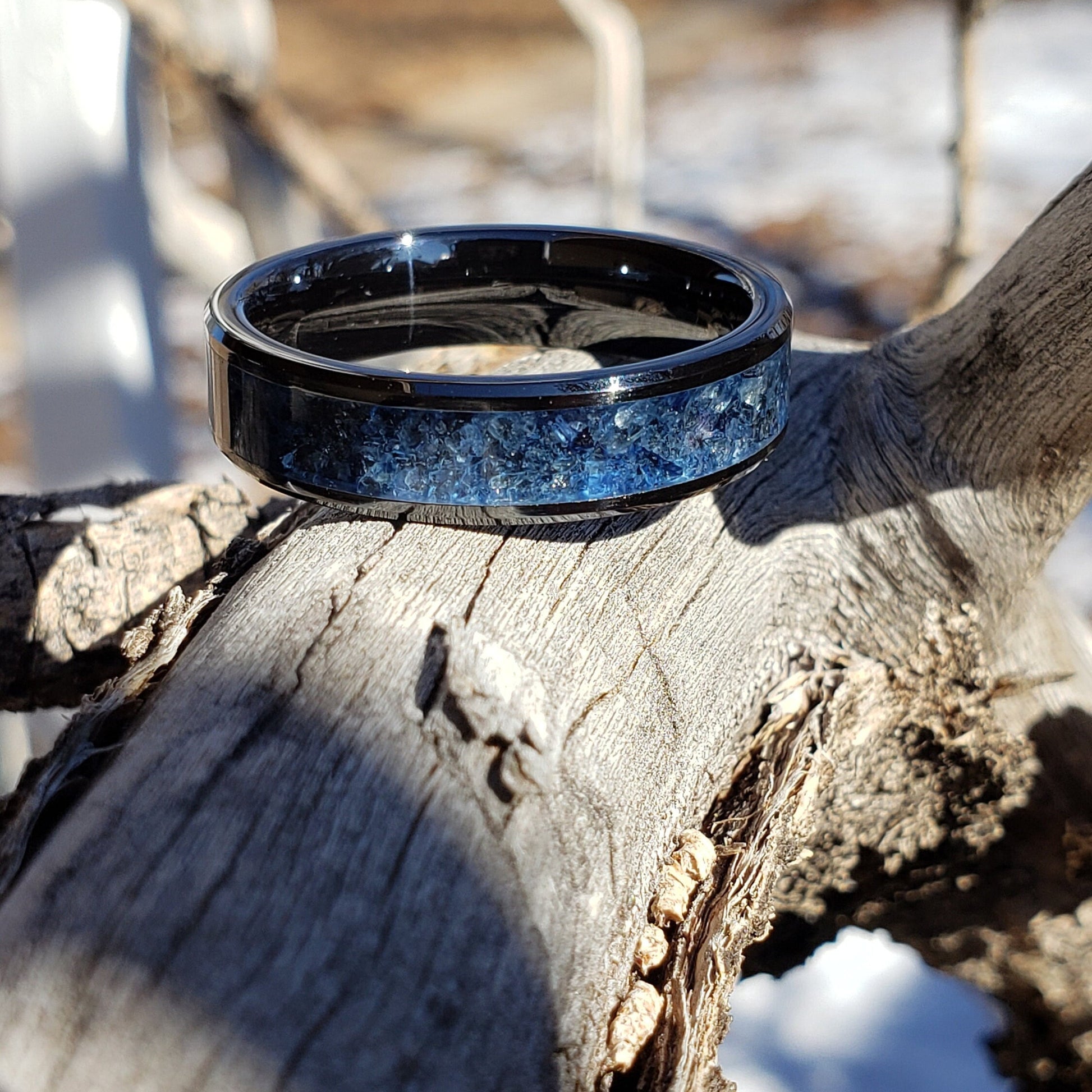 Dark Wisdom Ring - Blue Sapphire Crystal Inlay, Tungsten Ceramic, Men Women, Wedding Ring, His Hers Promise Ring, Engagement Ring 8mm 6mm