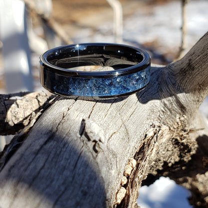 Dark Wisdom Ring - Blue Sapphire Crystal Inlay, Tungsten Ceramic, Men Women, Wedding Ring, His Hers Promise Ring, Engagement Ring 8mm 6mm