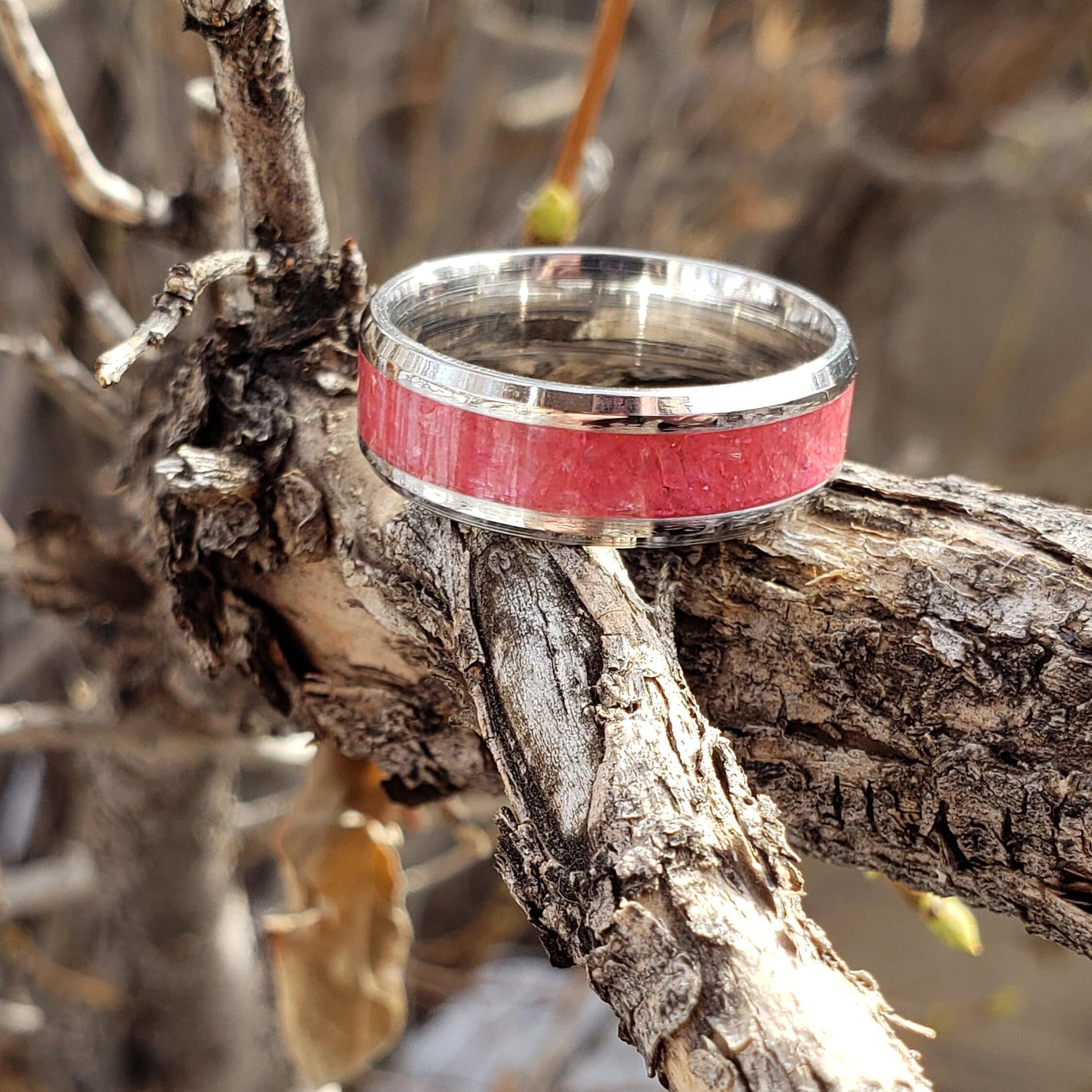 Wild Rose Ring - Rhodonite Crystal Inlay, Tungsten Titanium Ceramic, Men Women, Wedding Ring, His Hers Promise, Engagement Rings 8mm 6mm