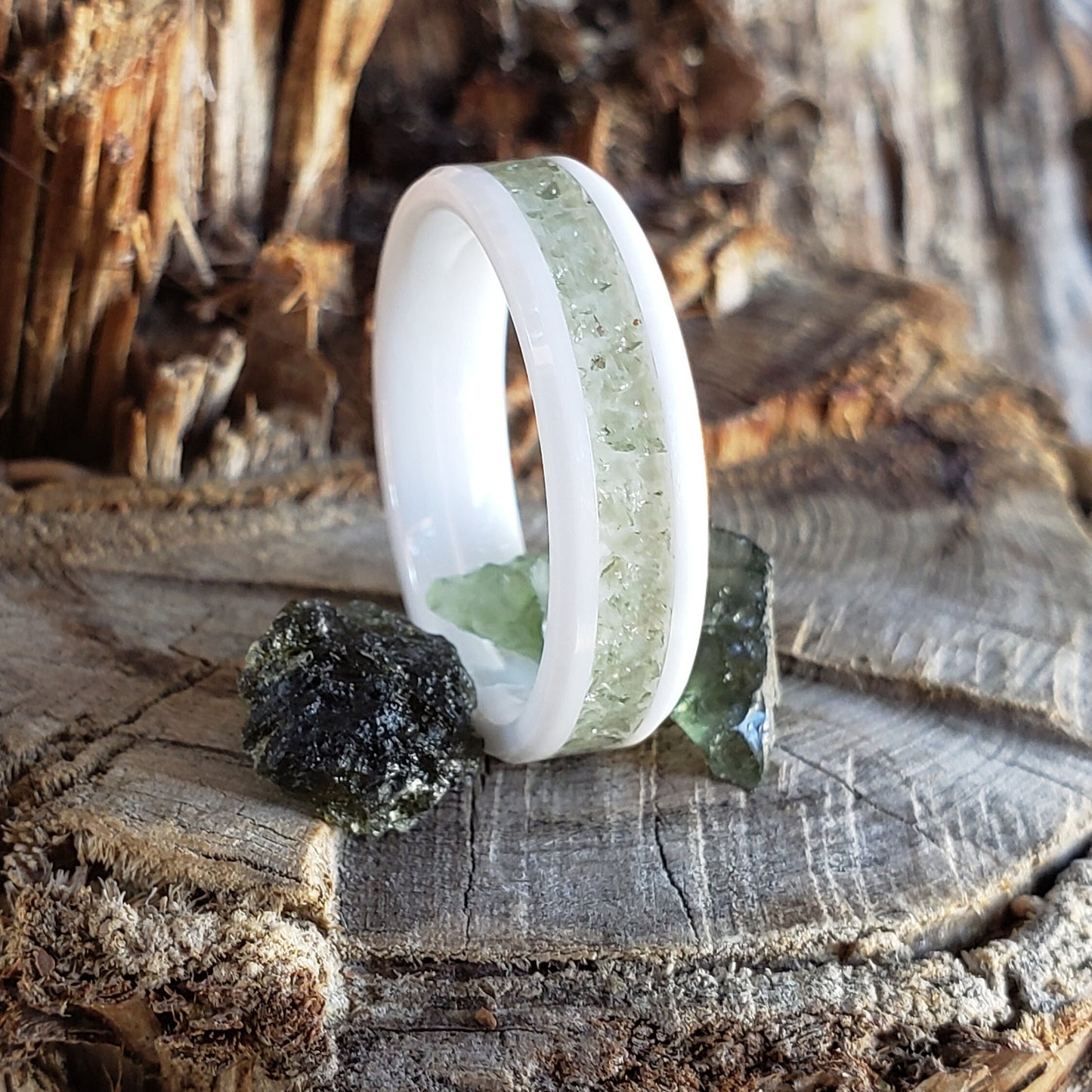 Moldavite Crystal Inlay Ring, Tungsten Carbide Titanium, Men & Women, Wedding Ring, His Hers Promise Ring, Engagement Ring