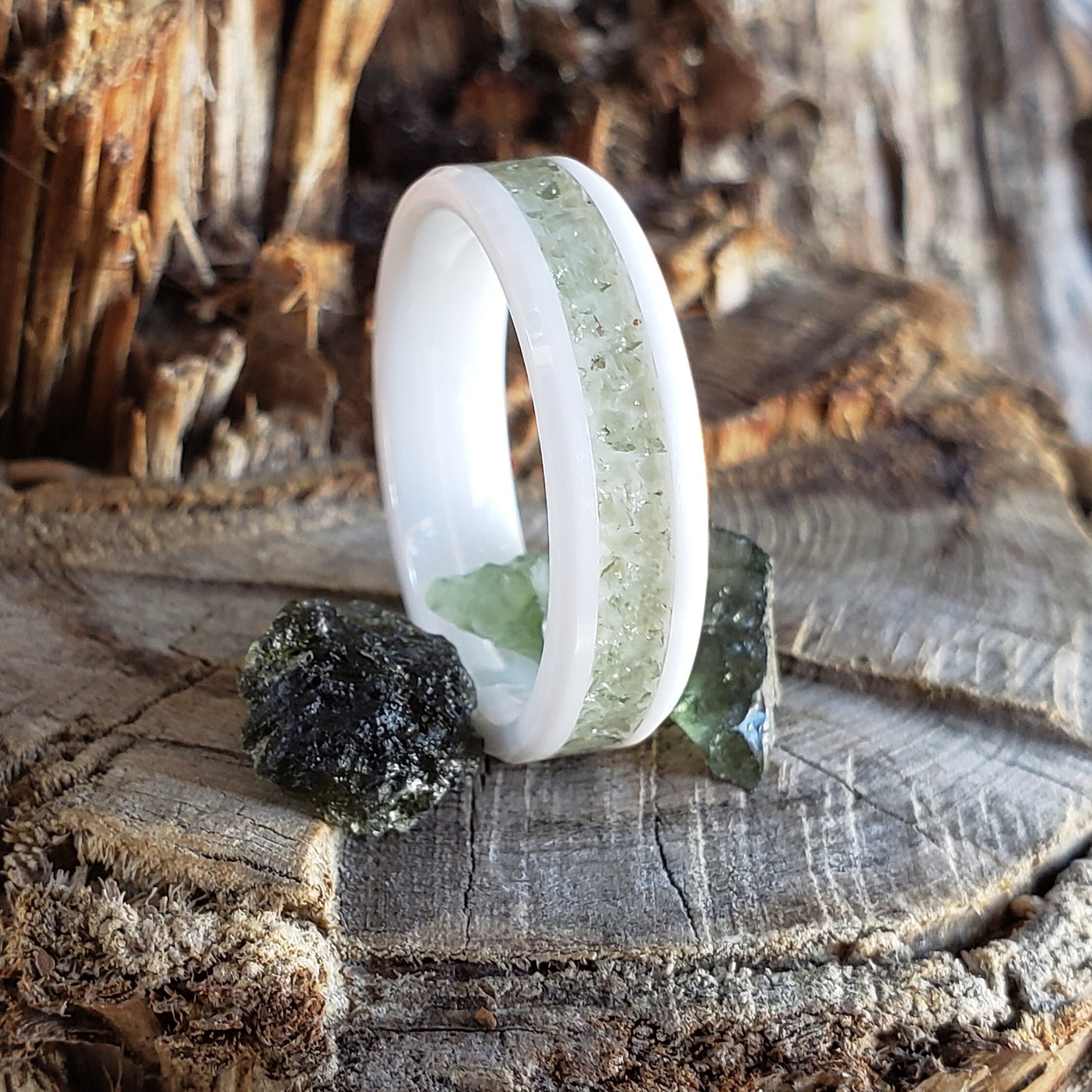 Moldavite Crystal Inlay Ring, Tungsten Carbide Titanium, Men & Women, Wedding Ring, His Hers Promise Ring, Engagement Ring
