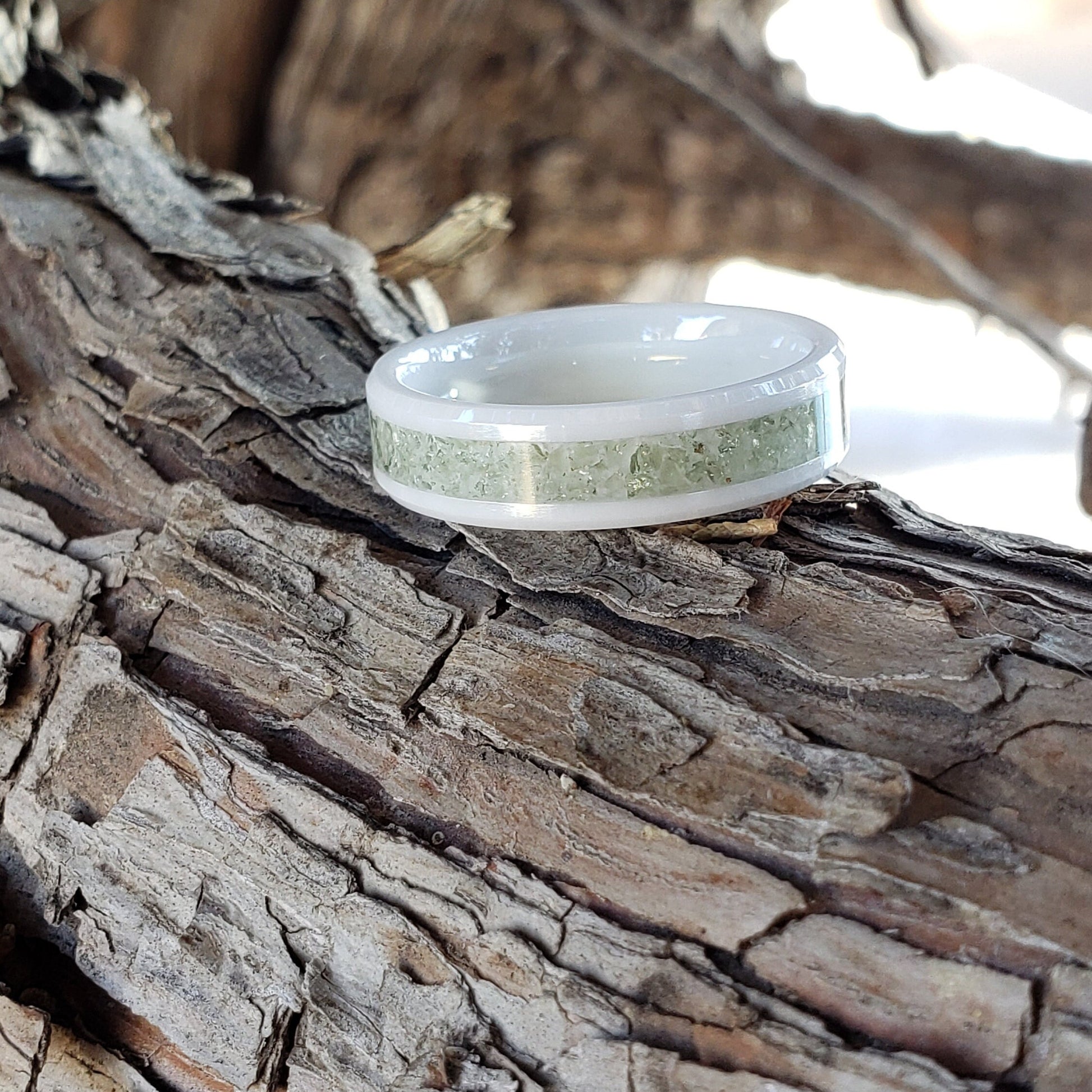 Moldavite Crystal Inlay Ring, Tungsten Carbide Titanium, Men & Women, Wedding Ring, His Hers Promise Ring, Engagement Ring
