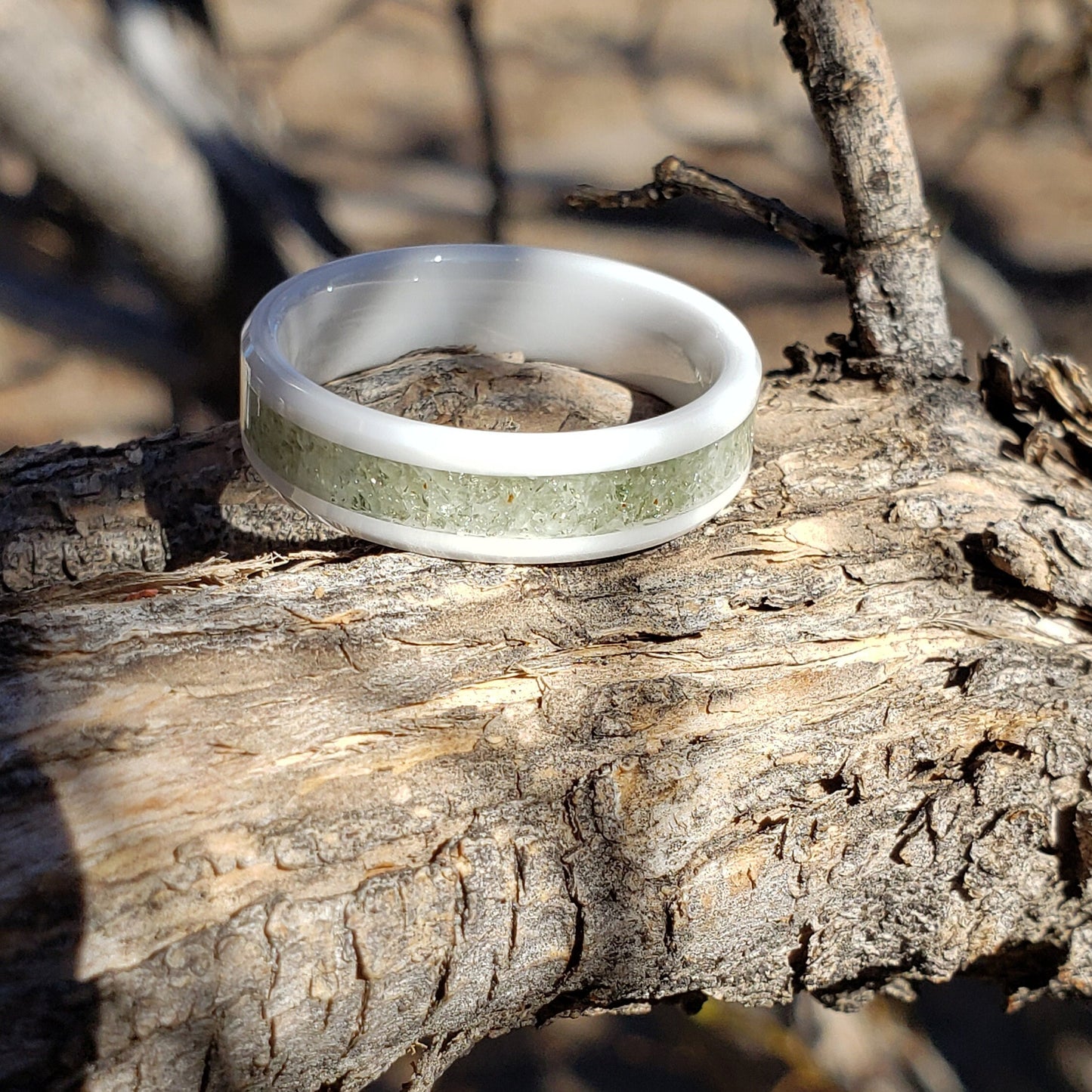 Moldavite Crystal Inlay Ring, Tungsten Carbide Titanium, Men & Women, Wedding Ring, His Hers Promise Ring, Engagement Ring