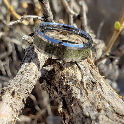 Trinity Ring - Trinitite Crystal Inlay, Tungsten Titanium Ceramic, Men Women, Wedding Ring, His Hers Promise, Engagement Ring 8mm 6mm