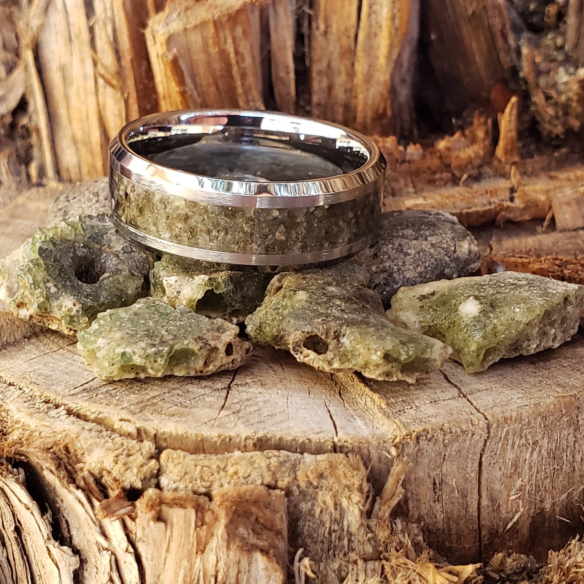 Trinity Ring - Trinitite Crystal Inlay, Tungsten Titanium Ceramic, Men Women, Wedding Ring, His Hers Promise, Engagement Ring 8mm 6mm