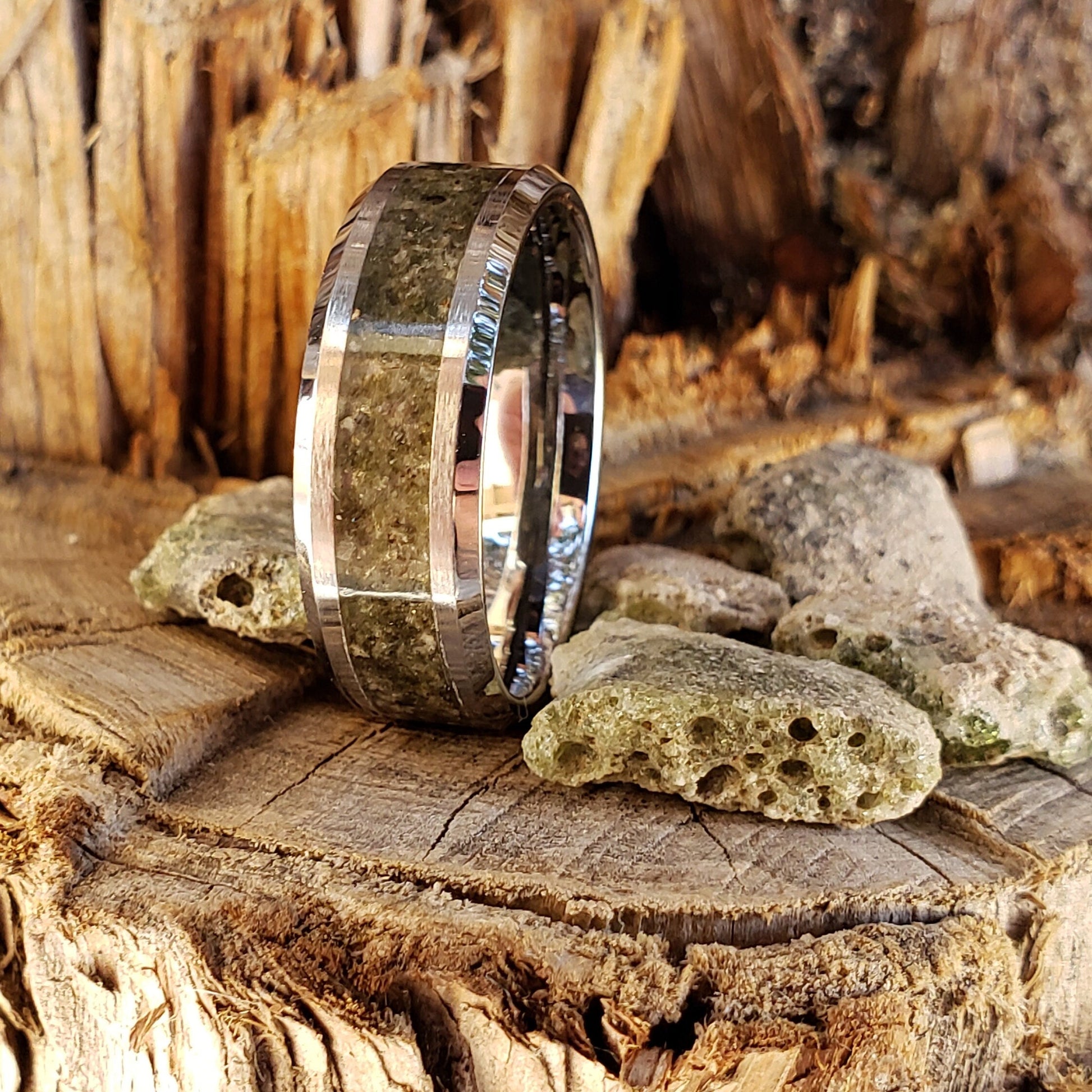 Trinity Ring - Trinitite Crystal Inlay, Tungsten Titanium Ceramic, Men Women, Wedding Ring, His Hers Promise, Engagement Ring 8mm 6mm