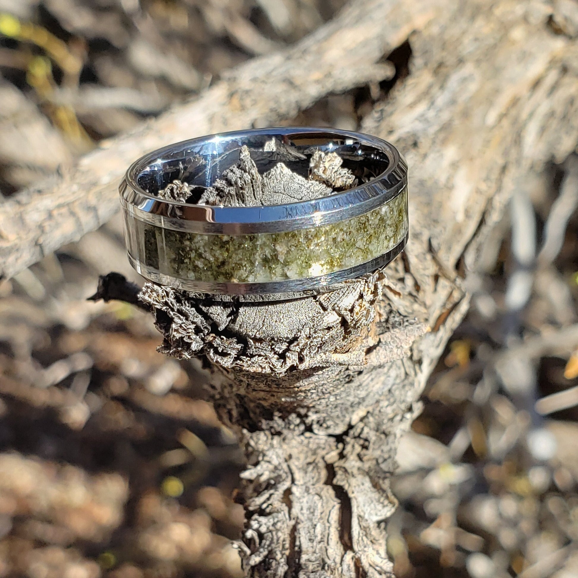 Trinity Ring - Trinitite Crystal Inlay, Tungsten Titanium Ceramic, Men Women, Wedding Ring, His Hers Promise, Engagement Ring 8mm 6mm