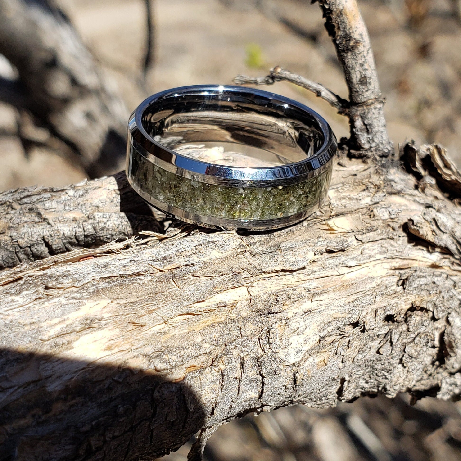 Trinity Ring - Trinitite Crystal Inlay, Tungsten Titanium Ceramic, Men Women, Wedding Ring, His Hers Promise, Engagement Ring 8mm 6mm