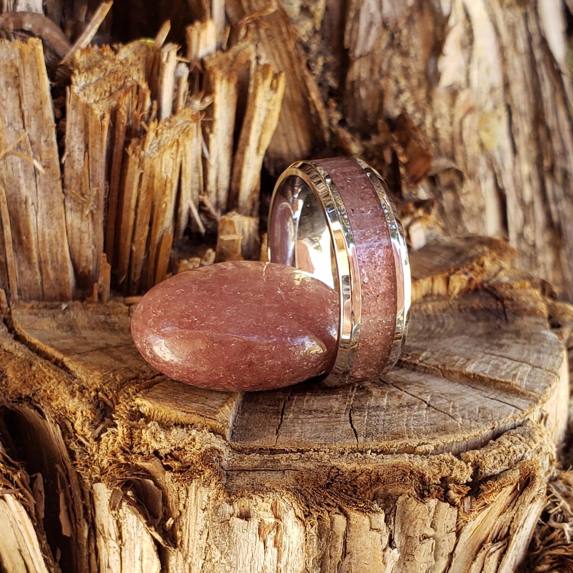 Divinity Ring - Strawberry Quartz Crystal Inlay, Tungsten Titanium Ceramic, Men Women, Wedding, His Hers Promise, Engagement Ring 8mm 6mm
