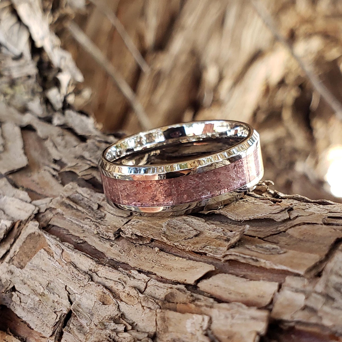 Divinity Ring - Strawberry Quartz Crystal Inlay, Tungsten Titanium Ceramic, Men Women, Wedding, His Hers Promise, Engagement Ring 8mm 6mm