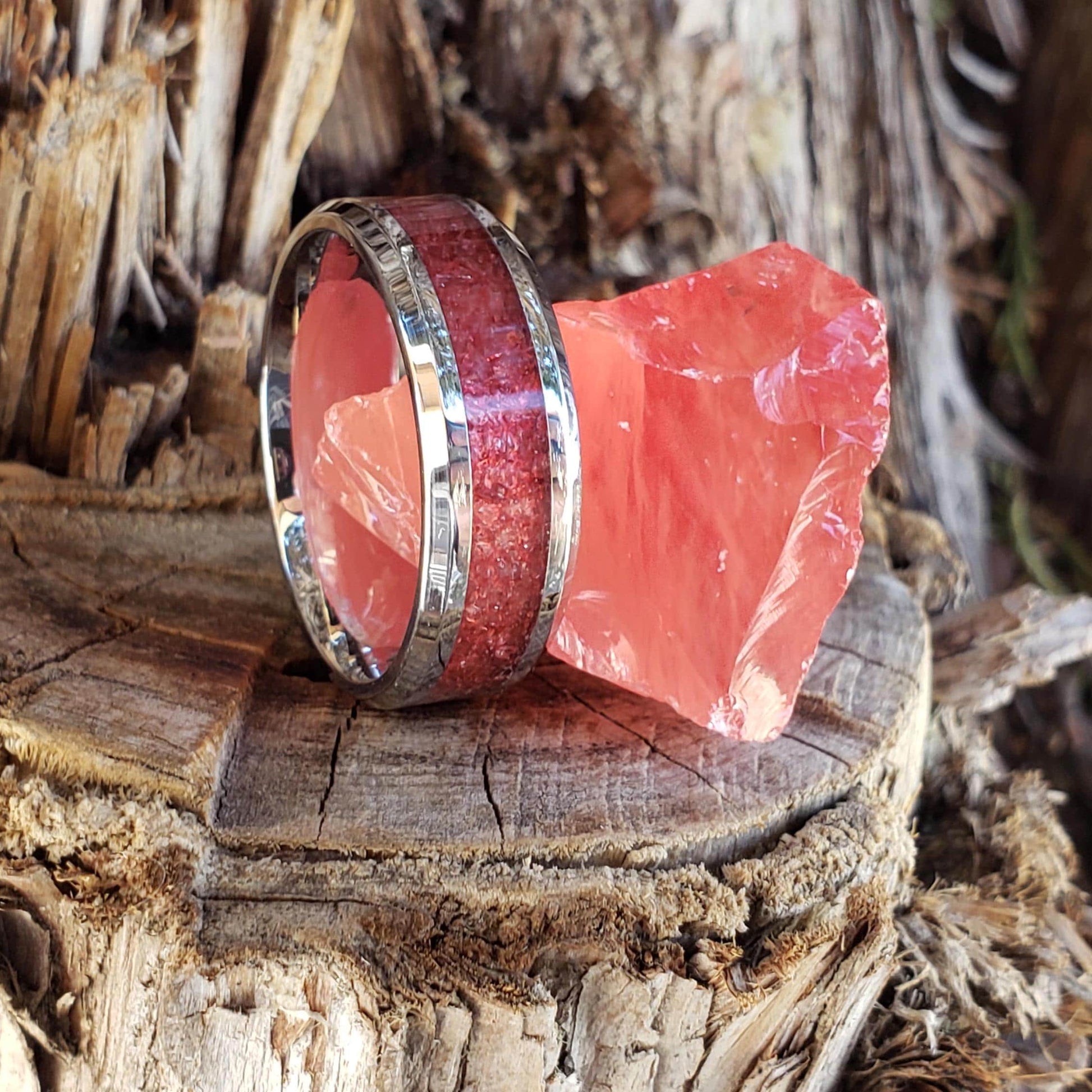 Cerise Ring - Cherry Quartz Crystal Inlay, Tungsten Titanium Ceramic, Men Women, Wedding Ring, His Hers Promise, Engagement Ring 8mm 6mm