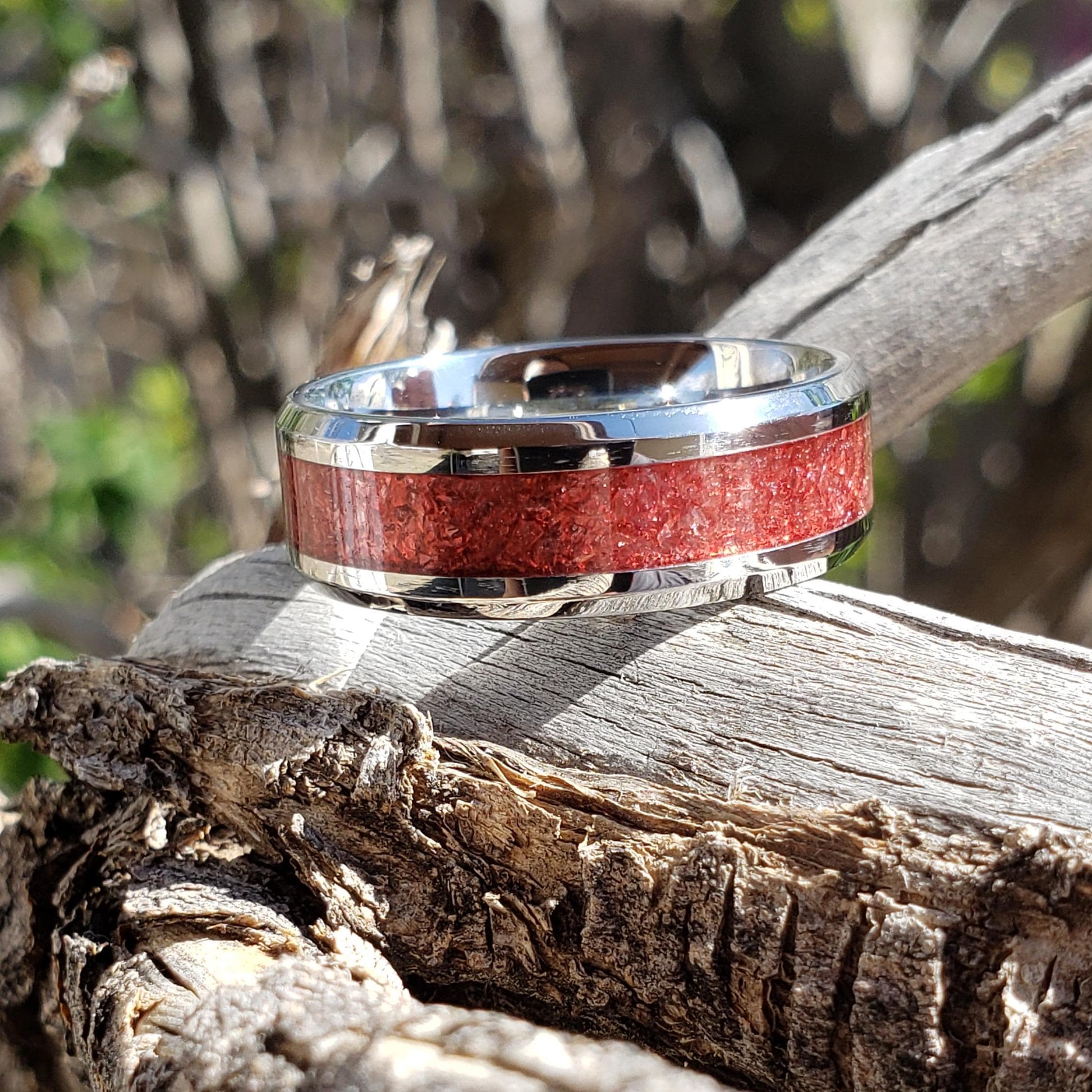 Cerise Ring - Cherry Quartz Crystal Inlay, Tungsten Titanium Ceramic, Men Women, Wedding Ring, His Hers Promise, Engagement Ring 8mm 6mm