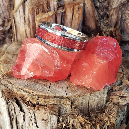 Cerise Ring - Cherry Quartz Crystal Inlay, Tungsten Titanium Ceramic, Men Women, Wedding Ring, His Hers Promise, Engagement Ring 8mm 6mm