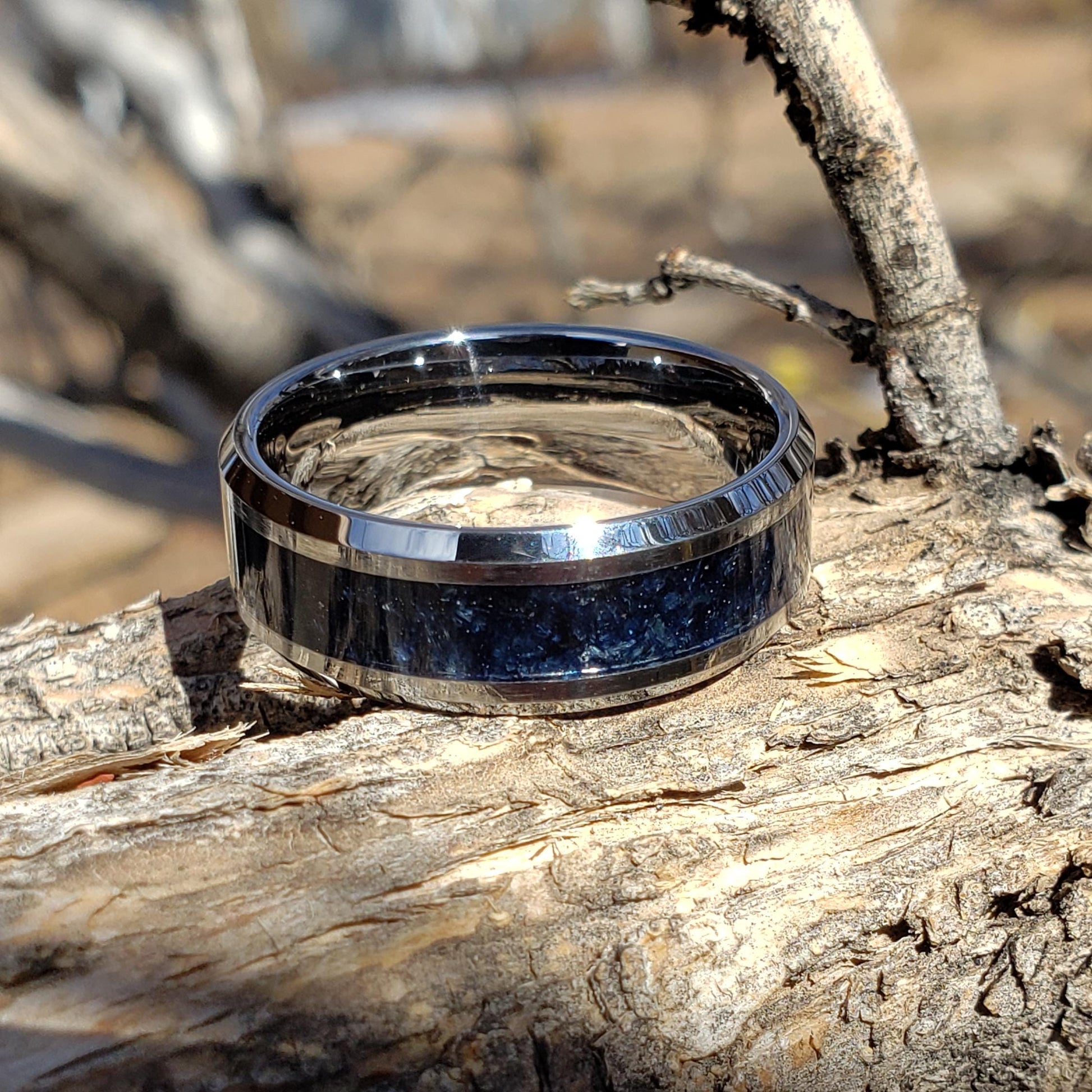 Reaper Ring - Vivianite Crystal Inlay Ring, Tungsten Titanium Ceramic, Men Women, Wedding Ring, His Hers Promise, Engagement Rings 8mm 6mm