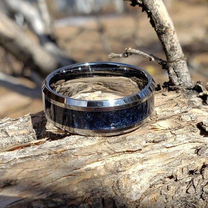 Reaper Ring - Vivianite Crystal Inlay Ring, Tungsten Titanium Ceramic, Men Women, Wedding Ring, His Hers Promise, Engagement Rings 8mm 6mm