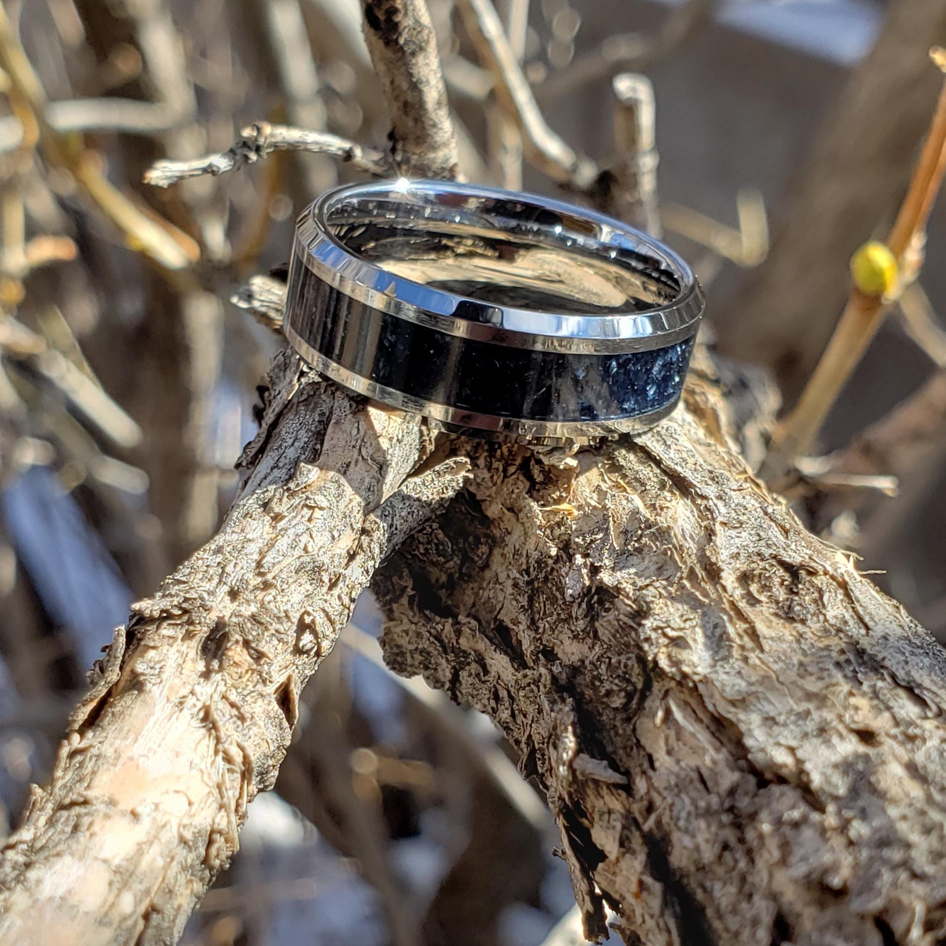 Reaper Ring - Vivianite Crystal Inlay Ring, Tungsten Titanium Ceramic, Men Women, Wedding Ring, His Hers Promise, Engagement Rings 8mm 6mm