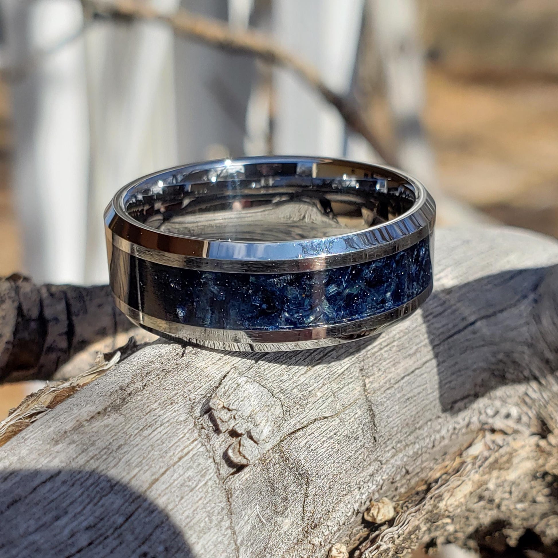 Reaper Ring - Vivianite Crystal Inlay Ring, Tungsten Titanium Ceramic, Men Women, Wedding Ring, His Hers Promise, Engagement Rings 8mm 6mm