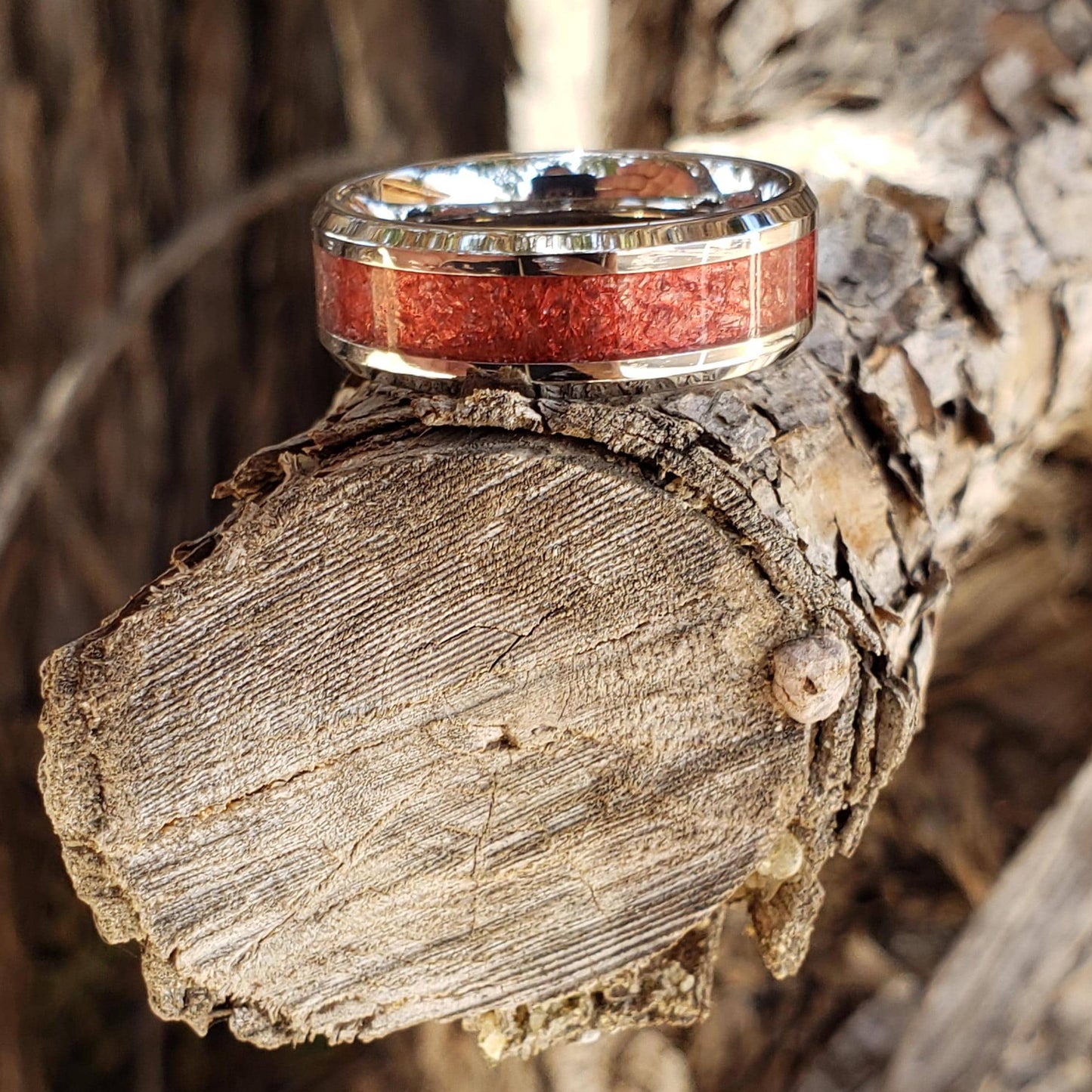Cerise Ring - Cherry Quartz Crystal Inlay, Tungsten Titanium Ceramic, Men Women, Wedding Ring, His Hers Promise, Engagement Ring 8mm 6mm