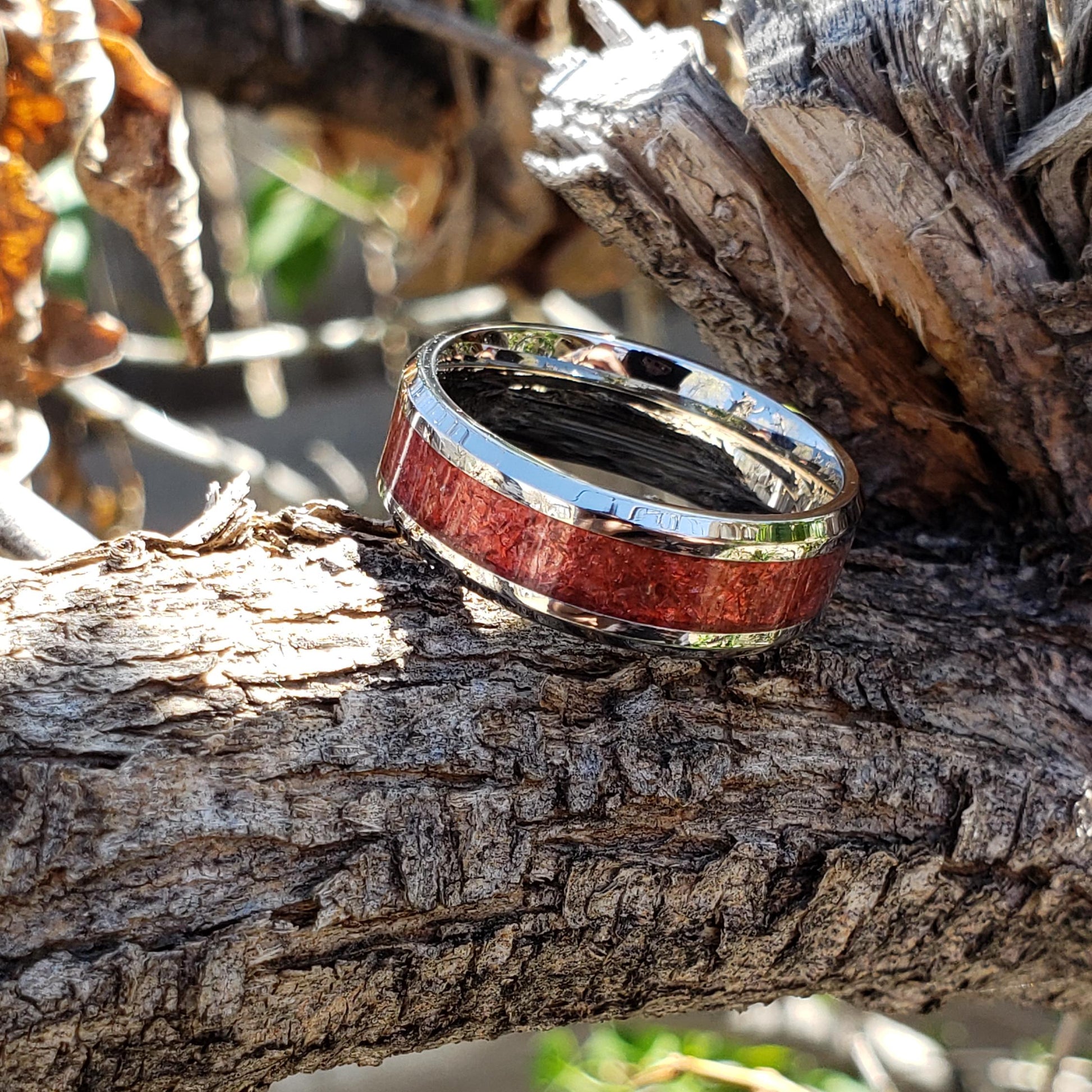 Cerise Ring - Cherry Quartz Crystal Inlay, Tungsten Titanium Ceramic, Men Women, Wedding Ring, His Hers Promise, Engagement Ring 8mm 6mm