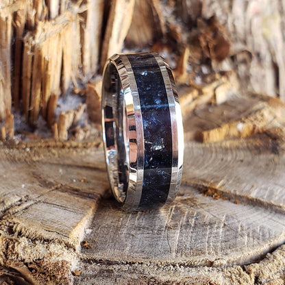 Reaper Ring - Vivianite Crystal Inlay Ring, Tungsten Titanium Ceramic, Men Women, Wedding Ring, His Hers Promise, Engagement Rings 8mm 6mm