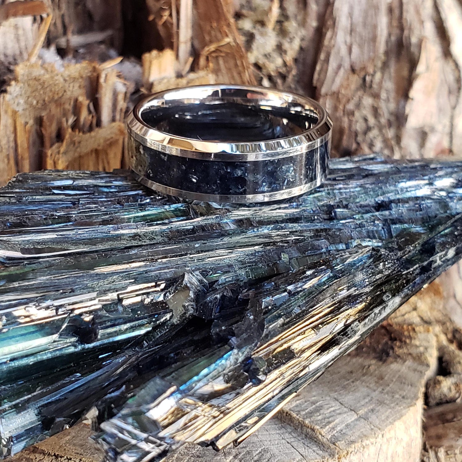 Reaper Ring - Vivianite Crystal Inlay Ring, Tungsten Titanium Ceramic, Men Women, Wedding Ring, His Hers Promise, Engagement Rings 8mm 6mm