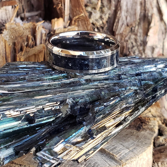 Reaper Ring - Vivianite Crystal Inlay Ring, Tungsten Titanium Ceramic, Men Women, Wedding Ring, His Hers Promise, Engagement Rings 8mm 6mm