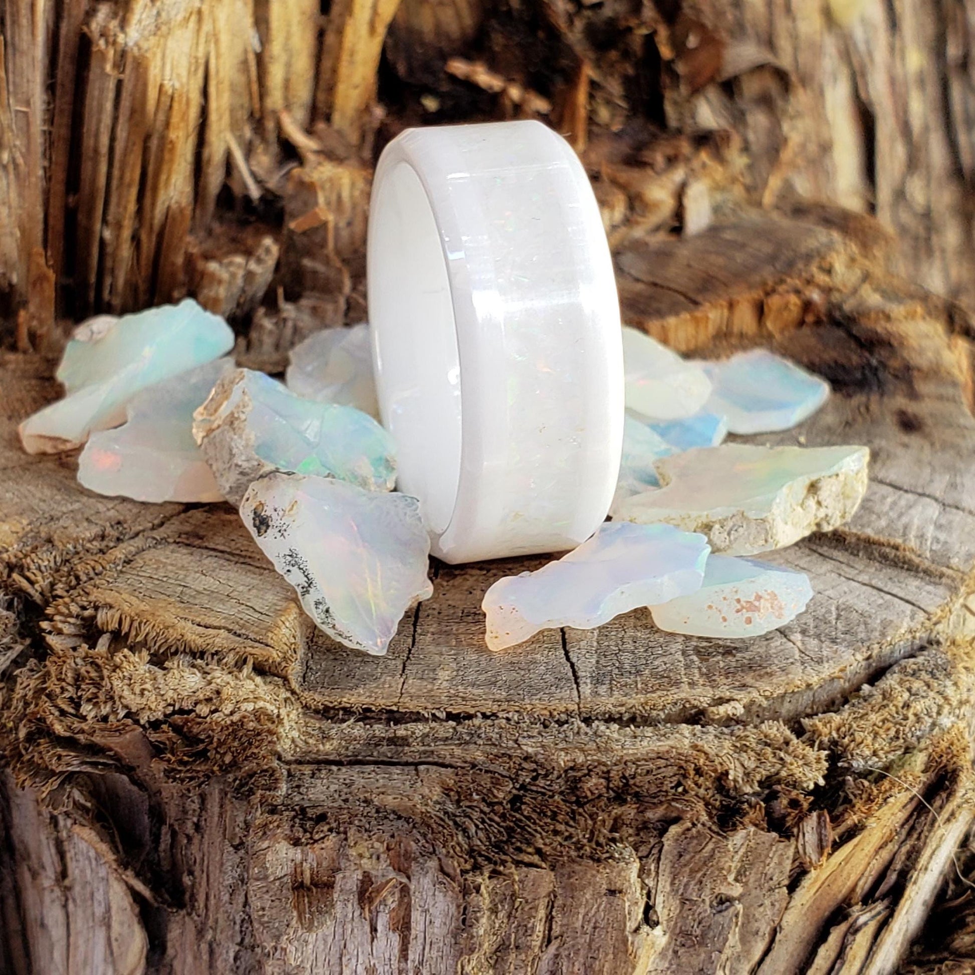 Icefire Ring - Ethiopian Opal Crystal Inlay Ring, Titanium Tungsten Ceramic, Men Women, Wedding Ring, His Hers Promise, Engagement 8mm 6mm