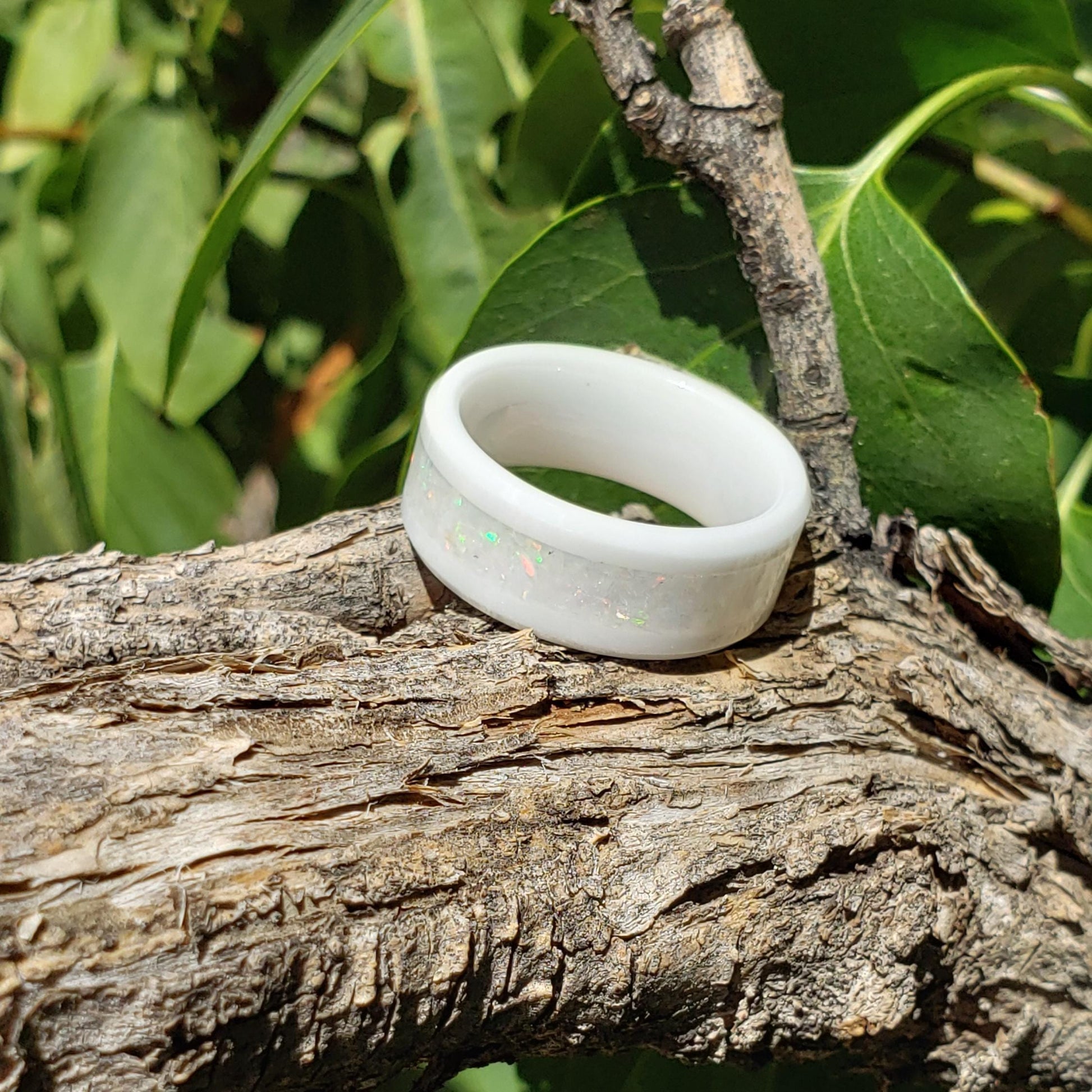 Icefire Ring - Ethiopian Opal Crystal Inlay Ring, Titanium Tungsten Ceramic, Men Women, Wedding Ring, His Hers Promise, Engagement 8mm 6mm