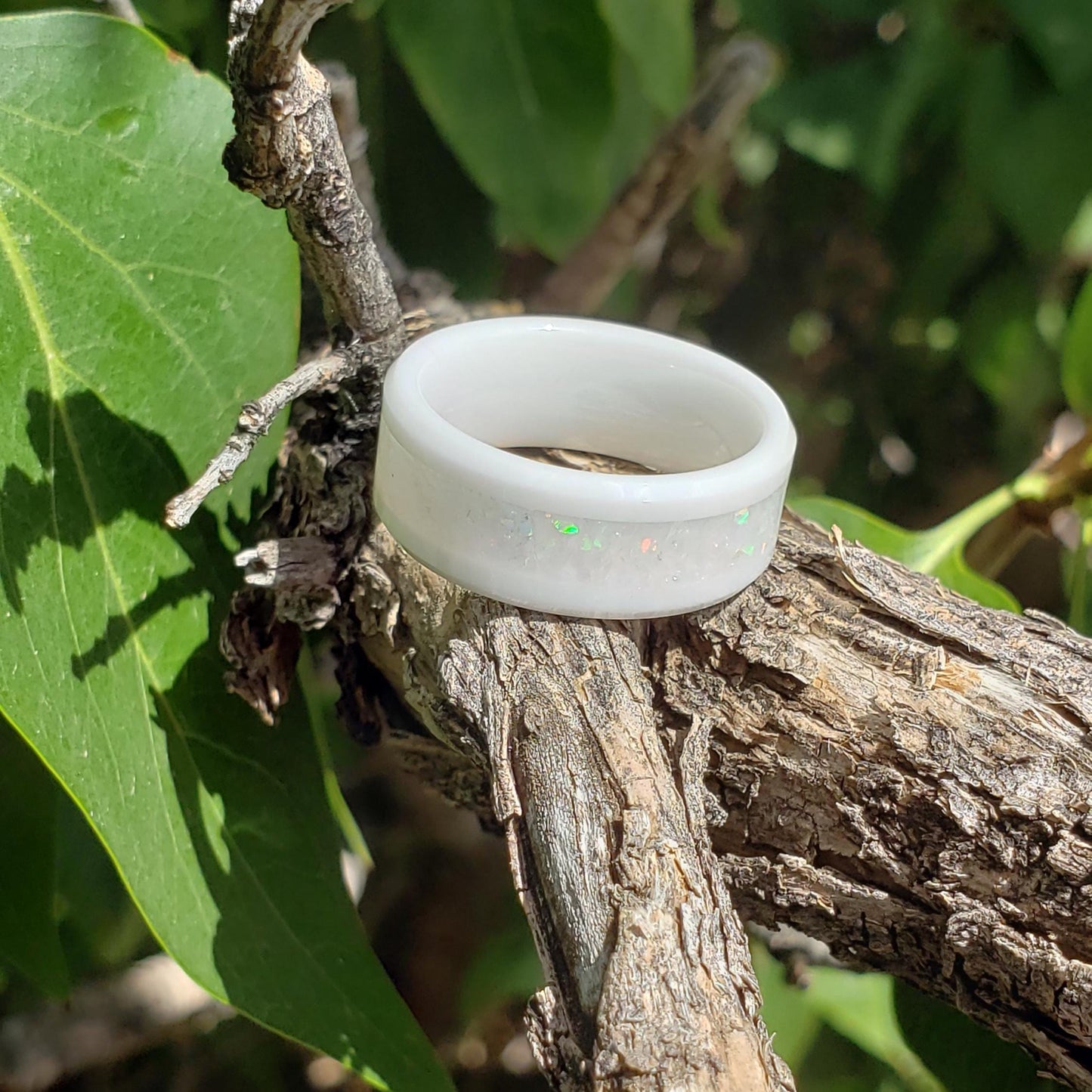 Icefire Ring - Ethiopian Opal Crystal Inlay Ring, Titanium Tungsten Ceramic, Men Women, Wedding Ring, His Hers Promise, Engagement 8mm 6mm