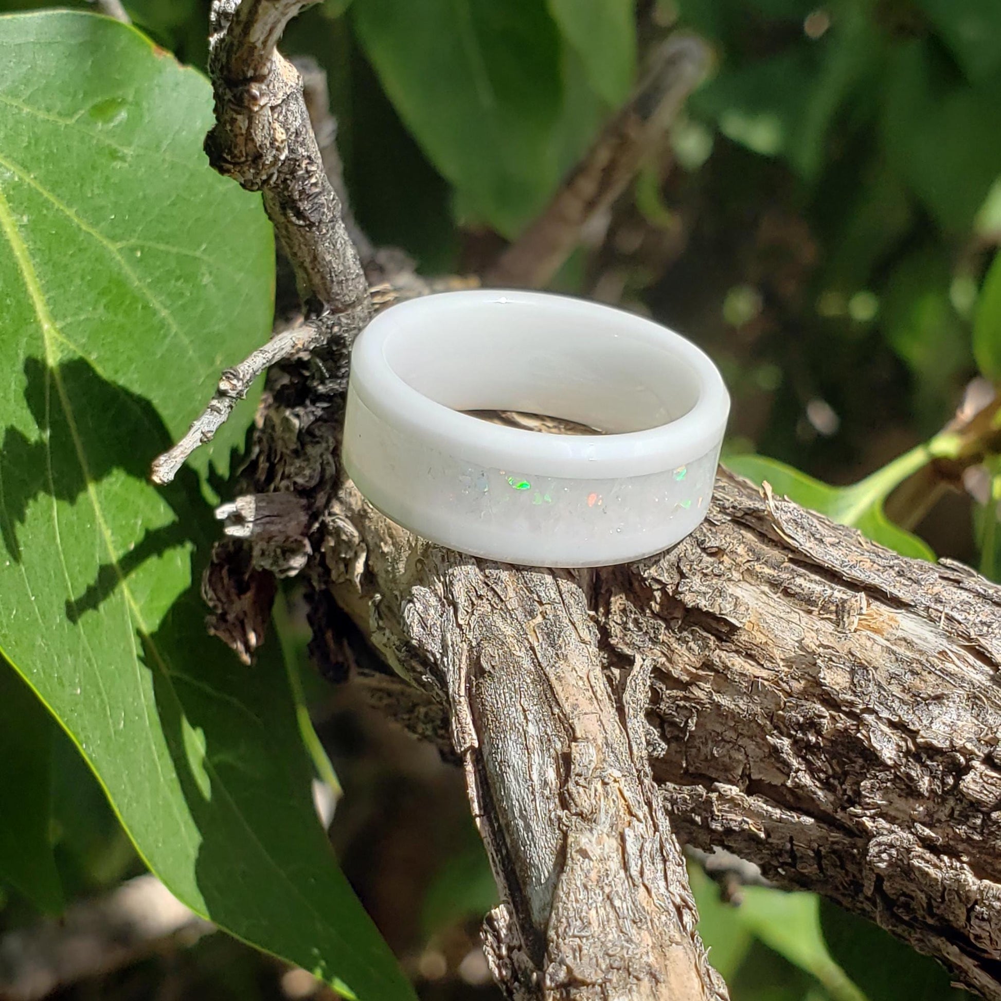 Icefire Ring - Ethiopian Opal Crystal Inlay Ring, Titanium Tungsten Ceramic, Men Women, Wedding Ring, His Hers Promise, Engagement 8mm 6mm