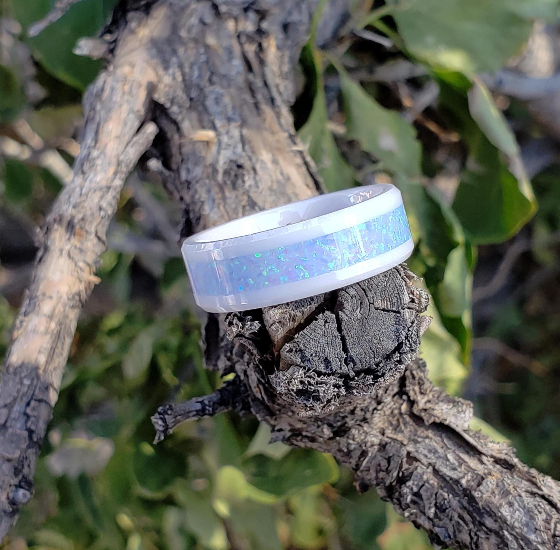 Cerulean Ring - Sky Blue Opal Crystal Inlay, Tungsten Titanium Ceramic, Men Women, Wedding Ring, His Hers Promise, Engagement Ring 8mm 6mm