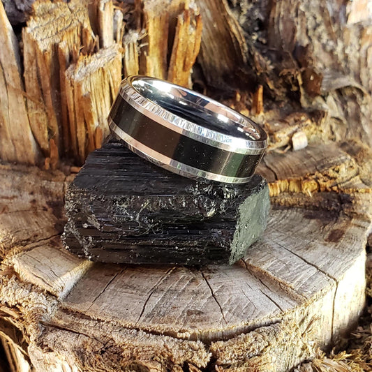 Guardian Ring - Black Tourmaline Crystal Inlay, Tungsten Titanium Ceramic, Men Women, Wedding Ring, His Hers Promise, Engagement 8mm 6mm