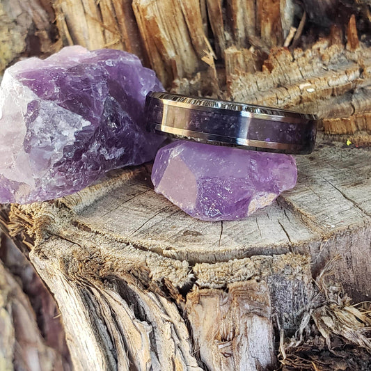 Dark Serenity Ring - Amethyst Crystal Inlay, Tungsten Titanium Ceramic, Men Women, Wedding Ring, His Hers Promise, Engagement Ring 8mm 6mm