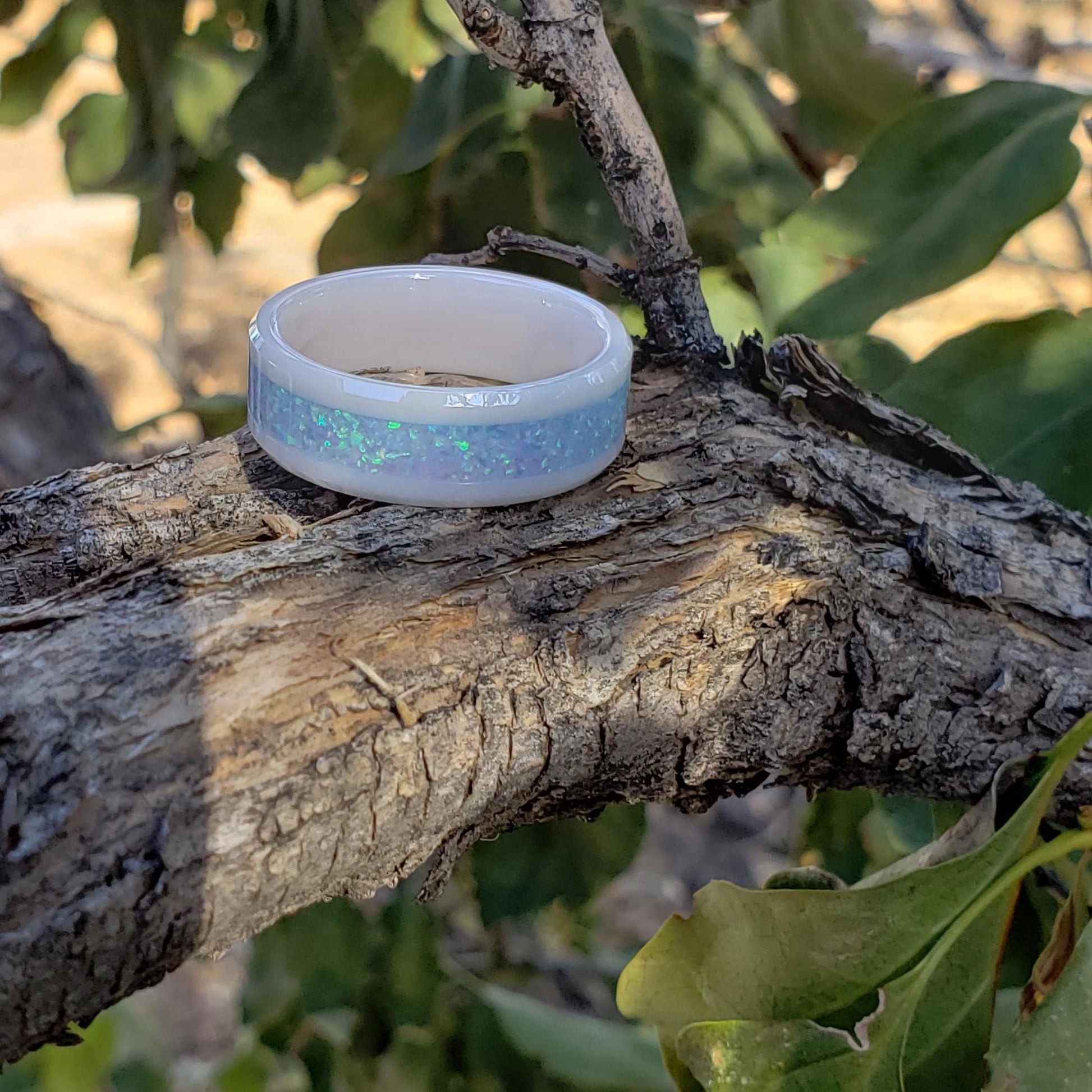 Cerulean Ring - Sky Blue Opal Crystal Inlay, Tungsten Titanium Ceramic, Men Women, Wedding Ring, His Hers Promise, Engagement Ring 8mm 6mm