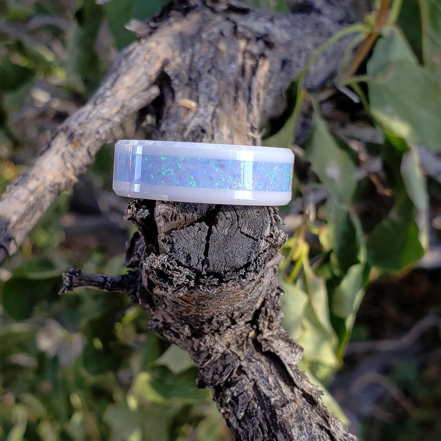 Cerulean Ring - Sky Blue Opal Crystal Inlay, Tungsten Titanium Ceramic, Men Women, Wedding Ring, His Hers Promise, Engagement Ring 8mm 6mm